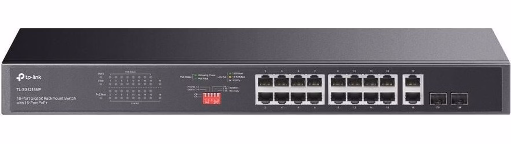 18-Port Gigabit Rackmount Switch with 16-Port PoE+ PORT: 16× Gigabit PoE+ Ports, 2× Gigabit Non-PoE Ports, 2× Combo Gig