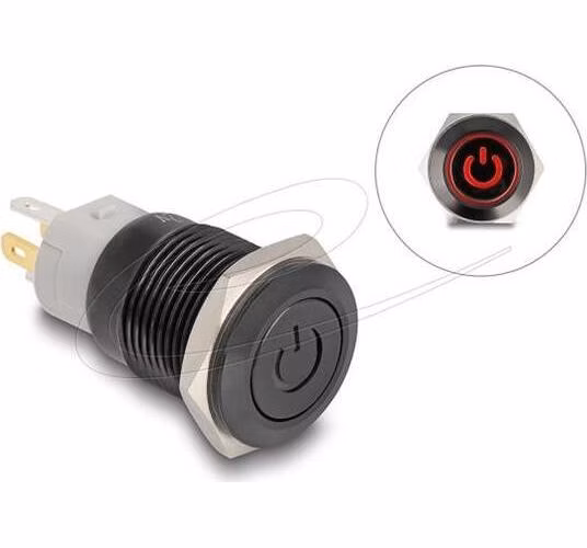 Delock Push Switch pro instalaci černý 16 mm 12 V 5 x pájené připojení LED červený symbol napájení + kroužek