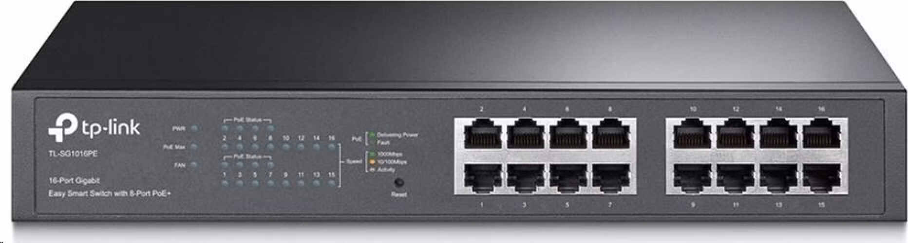 16-Port Gigabit Easy Smart Switch with 8-Port PoE+ PORT: 8× Gigabit PoE+ Ports, 8× Gigabit Non-PoE Ports SPEC: 802.3at/a