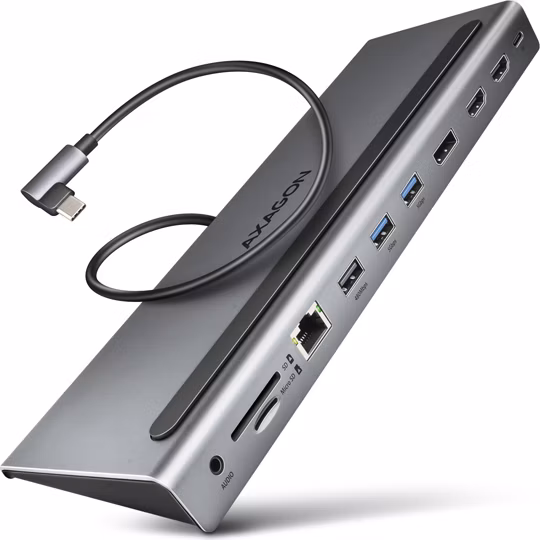 AXAGON HMC-4KX3, USB 3.2 Gen 1 hub, porty 3x USB-A, DP, HDMI 4k/60Hz, RJ-45, čtečka karet, PD 100W, kabel USB-C 40cm