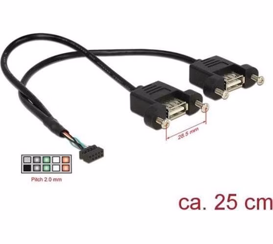 Delock Kabel USB 2.0 pin konektor samice 2,00 mm 10 pin > 2 x USB 2.0 Typ-A samice panel pro montáž 25 cm