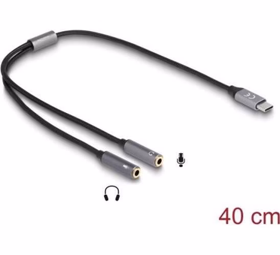 Delock Sluchátkový adaptér ze zástrčkového konektoru USB Type-C™, DAC 24 Bit / 96 kHz Hi-Res na 2 x 3 pin 3,5 jack