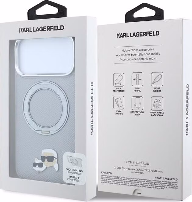 Karl Lagerfeld PU Grained K&amp;CH Heads Ring Stand Magsafe kryt iPhone 18 Pro Max šedá