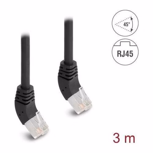 Delock Síťový kabel RJ45 Cat.6A S/FTP, zalomený nahoru o 45°, 3 m, černý