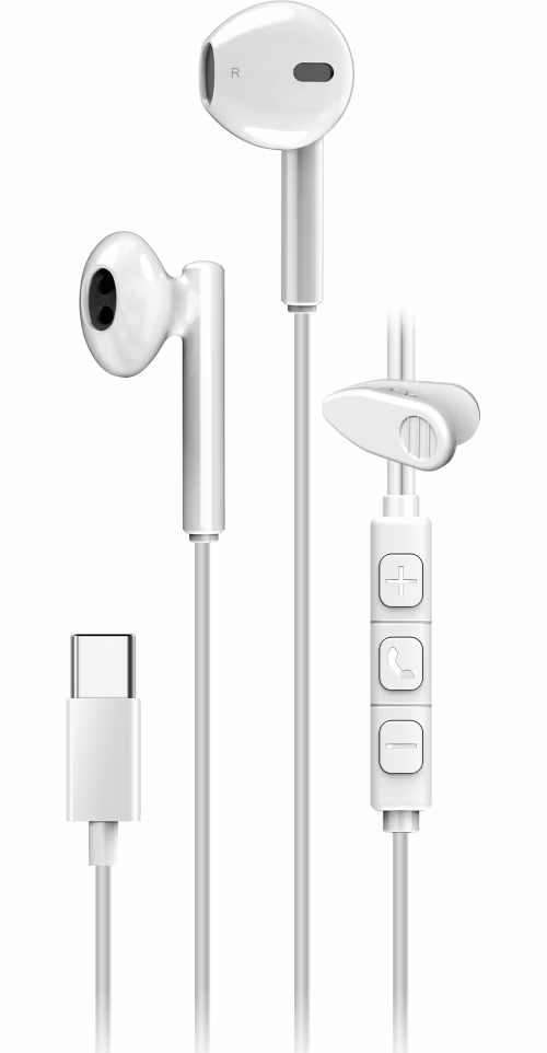 Genius HS-M366 Headset, drátový, do uší, mikrofon, ovládání hlasitosti, 360° rotační klip, USB-C, bílý