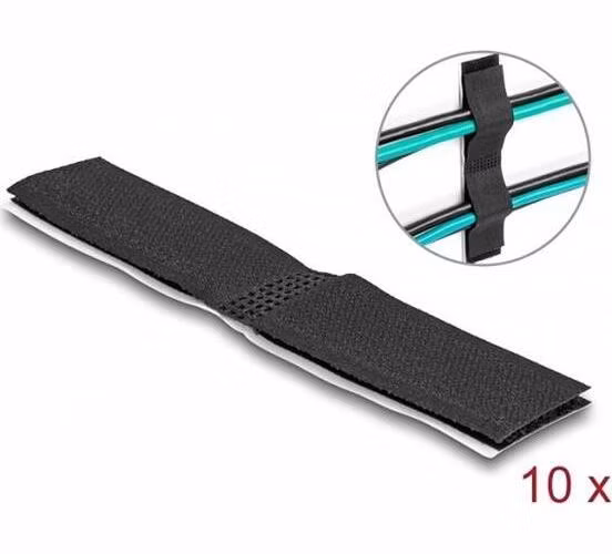 Delock Držák kabelů na suchý zip, samolepící, D 110 mm x Š 20 mm, sada 10 ks, černý