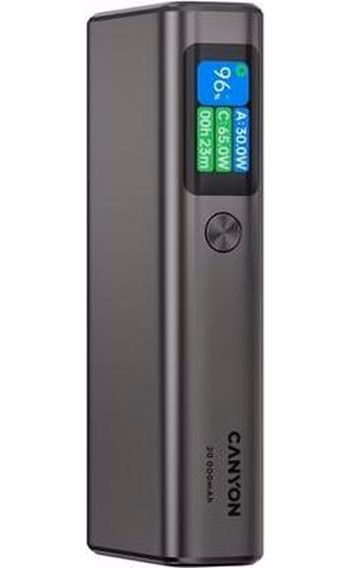Canyon OnPower 230, Powerbank, 20.000 mAh, displej, in: USB-C, out: 2x USB-C /USB-A, 130W, hodiny/budík/teplomer