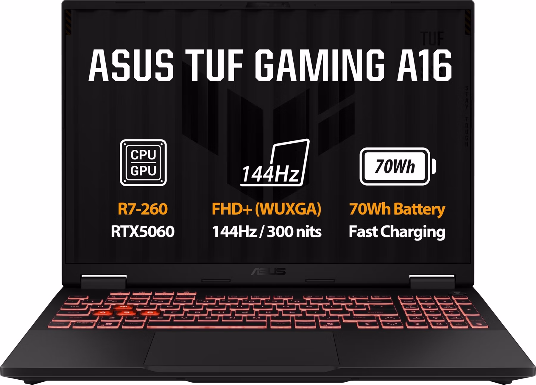 ASUS TUF Gaming A16 FA608UMI-TU168WZ, Ryzen 7 260, 16.0˝ 1920x1200 WUXGA, RTX 5060/8GB, 16GB, SSD 1TB, W11H, bez AC adap