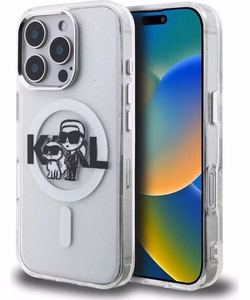 Karl Lagerfeld IML Glitter Karl and Choupette Sketch MagSafe kryt iPhone 16 Pro Max priehľadná