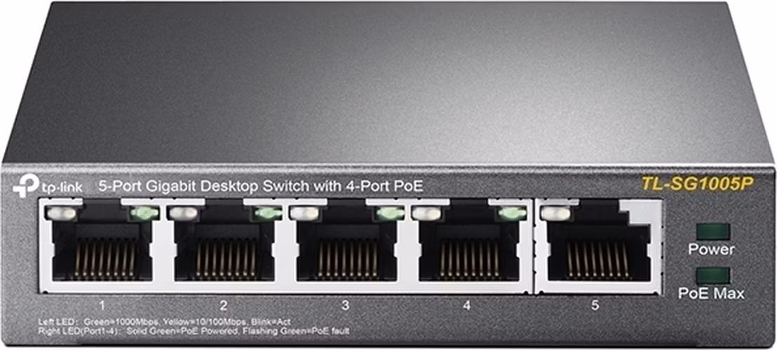 5-Port Gigabit Desktop Switch with 4-Port PoE+ PORT: 4× Gigabit PoE+ Ports, 1× Gigabit Non-PoE Port SPEC: 802.3af/at,