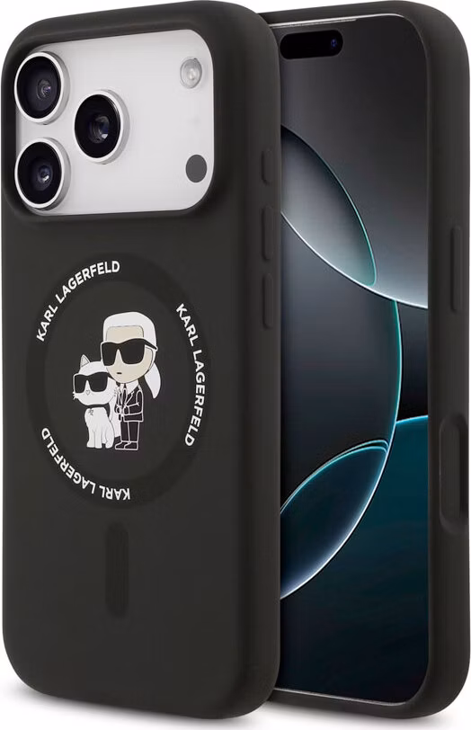 Karl Lagerfeld Liquid Silicone Karl and Choupette MagSafe kryt iPhone 18 Pro čierny
