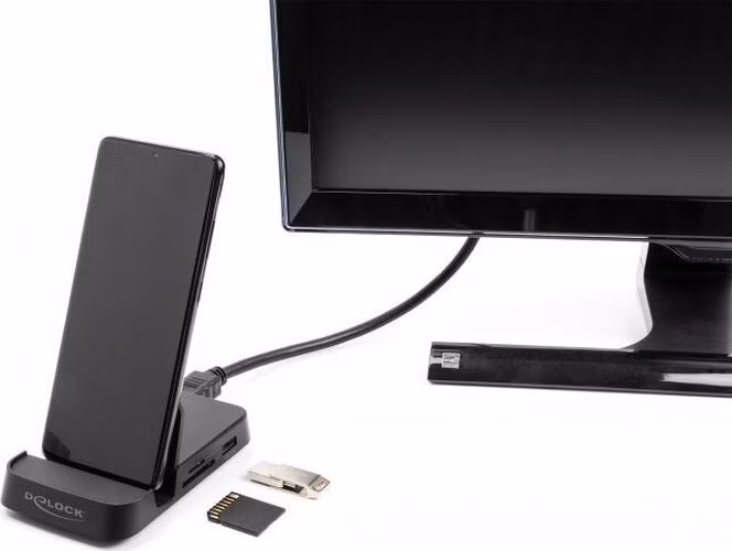 Delock Dokovací stanice na chytré telefony s rozlišením 4K a s integrovaným držákem — HDMI, USB, Hub, SD a Micro SD