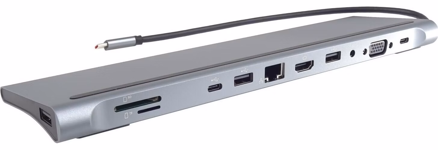PREMIUMCORD Dokovací stanice USB-C 10v1, 1xHDMI, 1xVGA, 2xUSB-C, 3xUSB, 1xRJ45, čtečka SD karet, šedá
