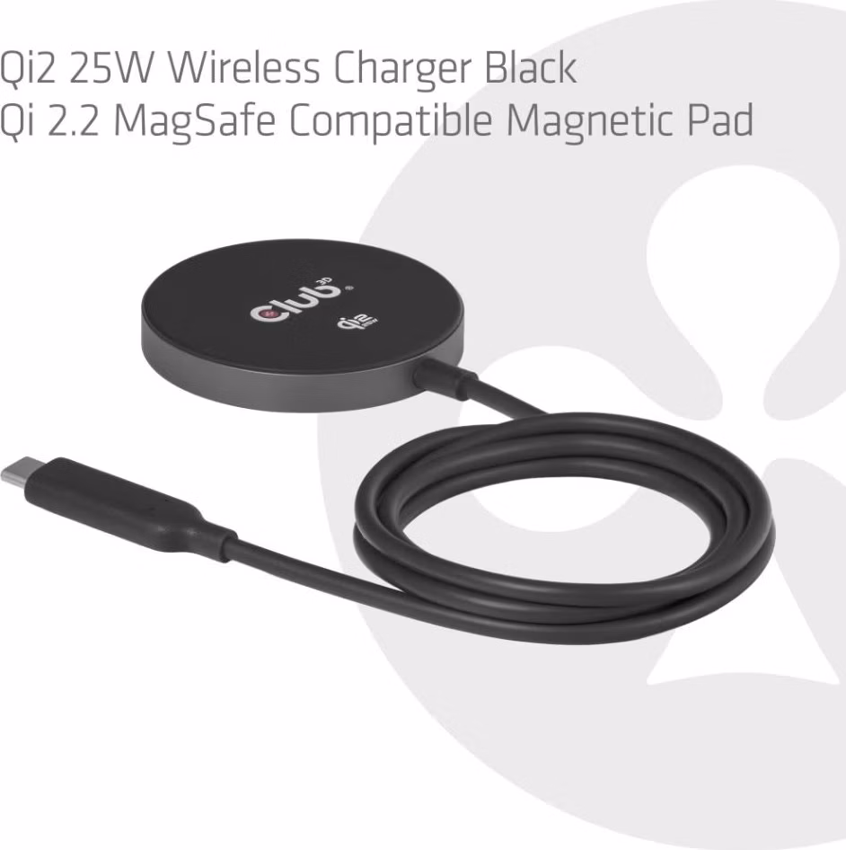 Club3D Bezdrátová nabíječka, 1x Qi2 25W, MagSafe, Qi certifikováno, černá