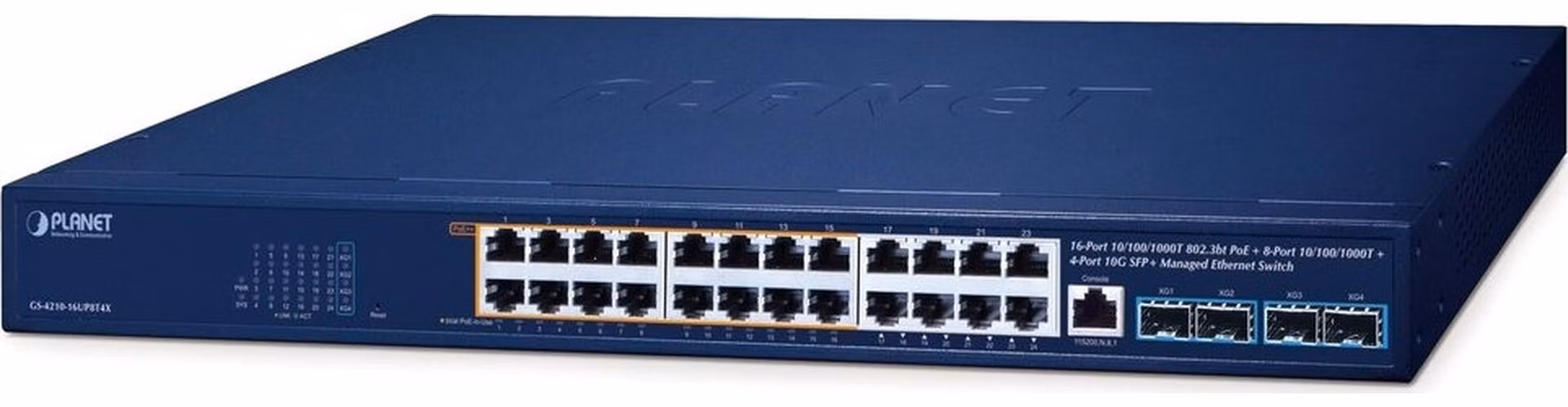 Planet GS-4210-16UP8T4X L2/L4 switch, 24x1Gb, 4x10Gb SFP+, 16x PoE++ 802.3bt + 8x PoE 420W, NMS, QoS