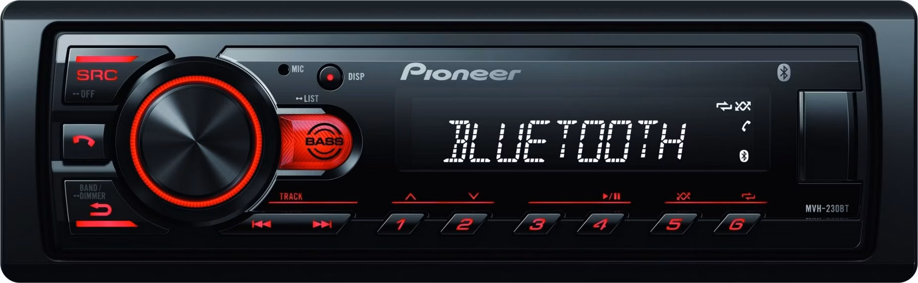 Pioneer MVH-230 autorádio s USB a Bluetooth s integrovaným mikrofónom červené