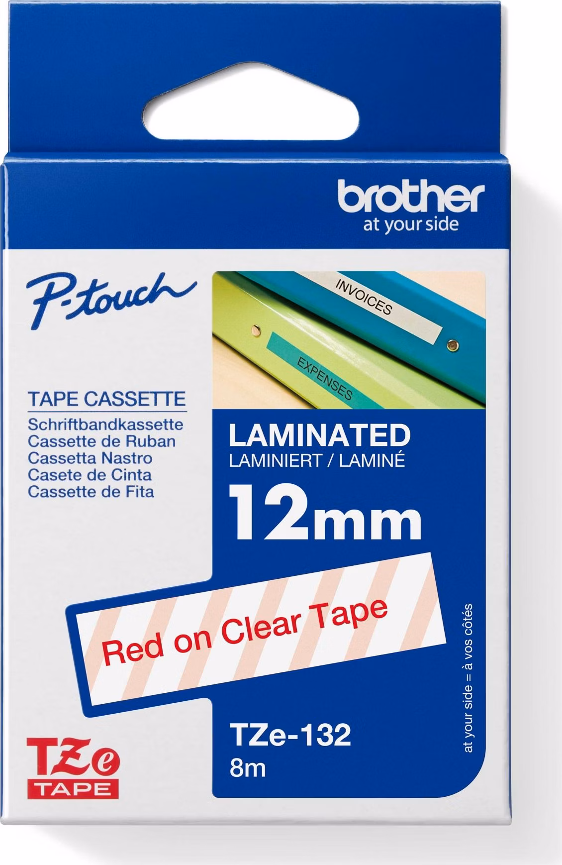 BROTHER TZE132 - 12 mm široká kazeta TZ, laminovaná TZE-132, priesvitné/červené písmo
