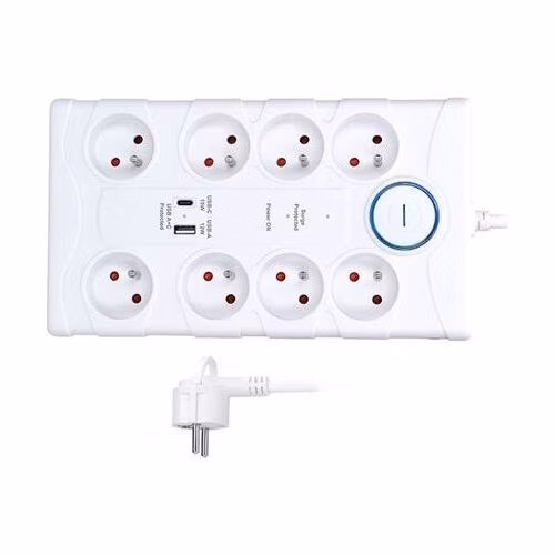 Solight prepäťová ochrana, 8z, USB A+C, 2m, biela