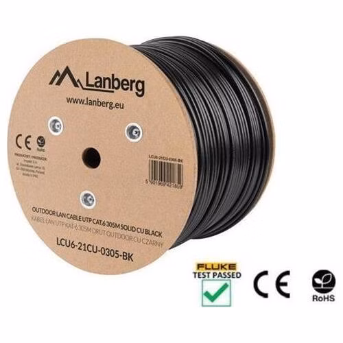 LANBERG LAN KABEL CAT.6 UTP 305M PEVNÝ VENKOVNÍ CU ČERNÝ FLUKE PASS