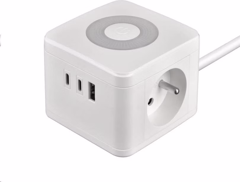 Viking síťový adaptér YC23L, 2x 230 V, 1x USB-A, 2x USB-C, dotykové světlo, délka 1,4 m, bílá