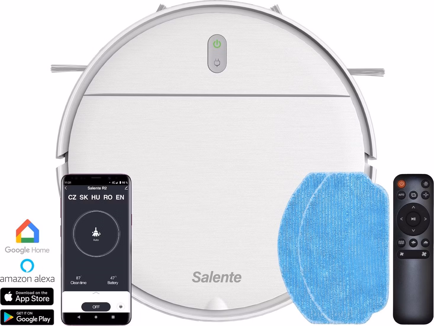 Salente R2, robotický vysavač, stírání vodou, nabíjecí stanice, bílý