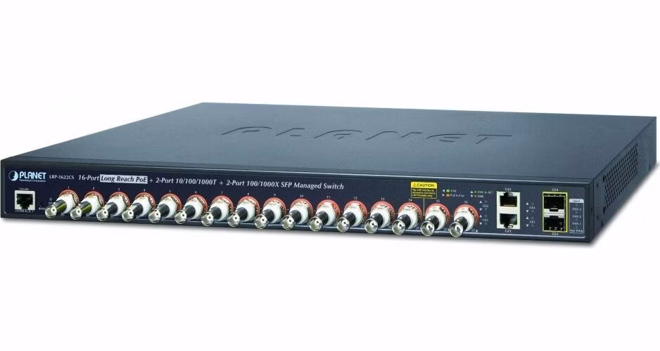 Planet LRP-1622CS, COAX PoE switch, 16x 100Base-TX, 2x SFP/TP, IEEE802.3at, Web/SNMPv2c, IGMPv3, QoS, VLAN