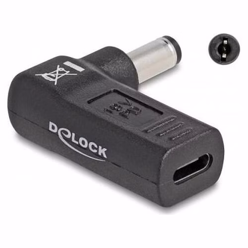 Delock Adaptér na kabel na nabíjení laptopu, ze zásuvky USB Type-C™ na zástrčku 5,5 x 2,1 mm, úhlový 90°