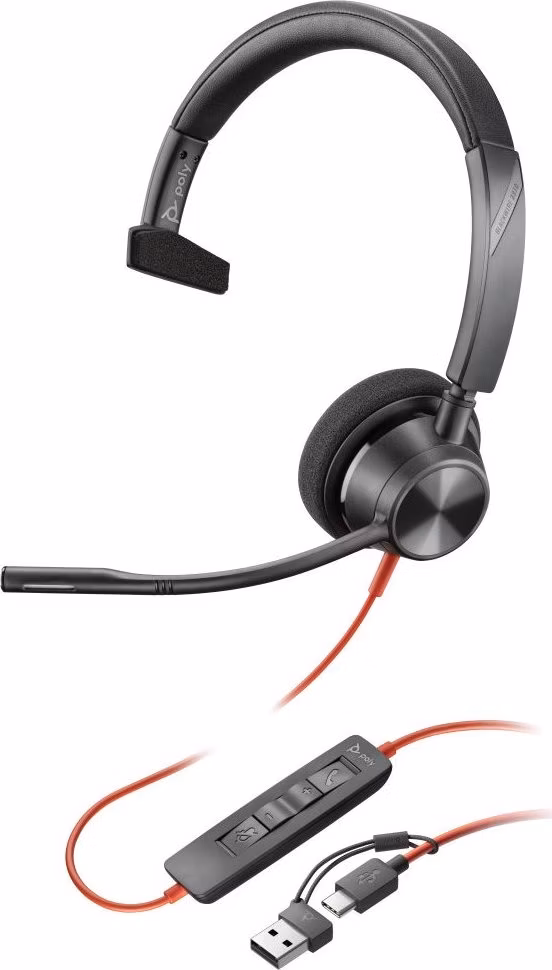 Poly Blackwire 3310 Monaural USB-C Headset +USB-C/A Adapter