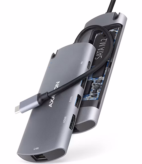 AXAGON HMC-6M2, USB 3.rozbočovač 2 Gen 1, 2x USB-A, HDMI, RJ-45 GLAN, SATA M.2 sloty, PD 100 W, kábel USB-C 18 cm