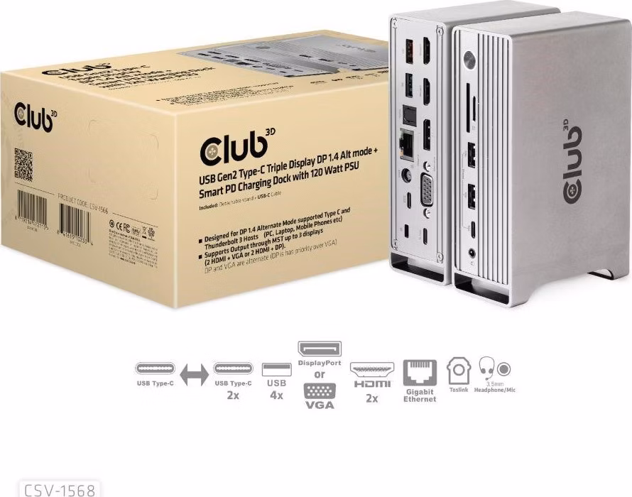 Club3D USB-C, Triple Display DP 1.4 Alt mode Displaylink Dynamic PD Charging Dock so 120 W PS