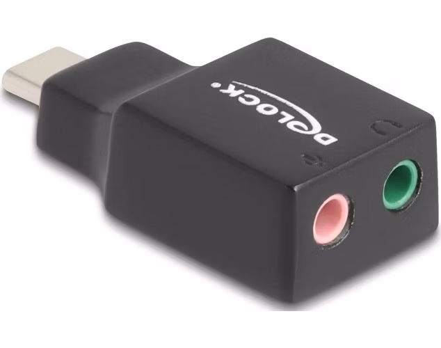 Delock Externí USB Type-C™ zvuková karta se zvukovým adaptérem Plug &amp; Play se 2 x stereofonními konektory 3,5 mm pro PC,