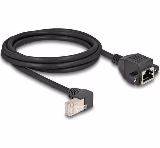 Delock Síťový prodlužovací kabel ze zástrčky S/FTP RJ45, pravoúhlý (90°), na integrovanou zásuvku RJ45, Cat.6A, 2 m, černý