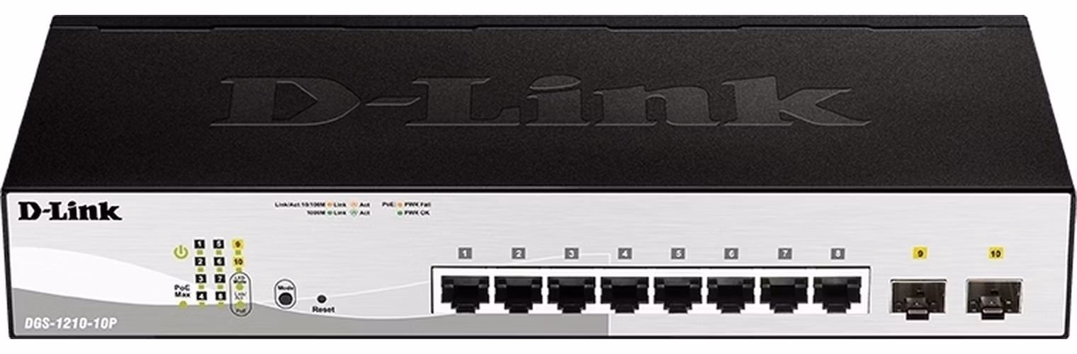 D-Link DGS-1210-10P 10-portový gigabitový Smart+ PoE switch, 8x GbE PoE+, 2x SFP, PoE 65W, bez ventilátora