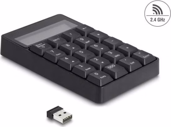 Delock Klávesnice s funkcí kalkulačky 2 v 1 s rozhraním USB Typu-A, 2,4 GHz, bezdrátová, černá