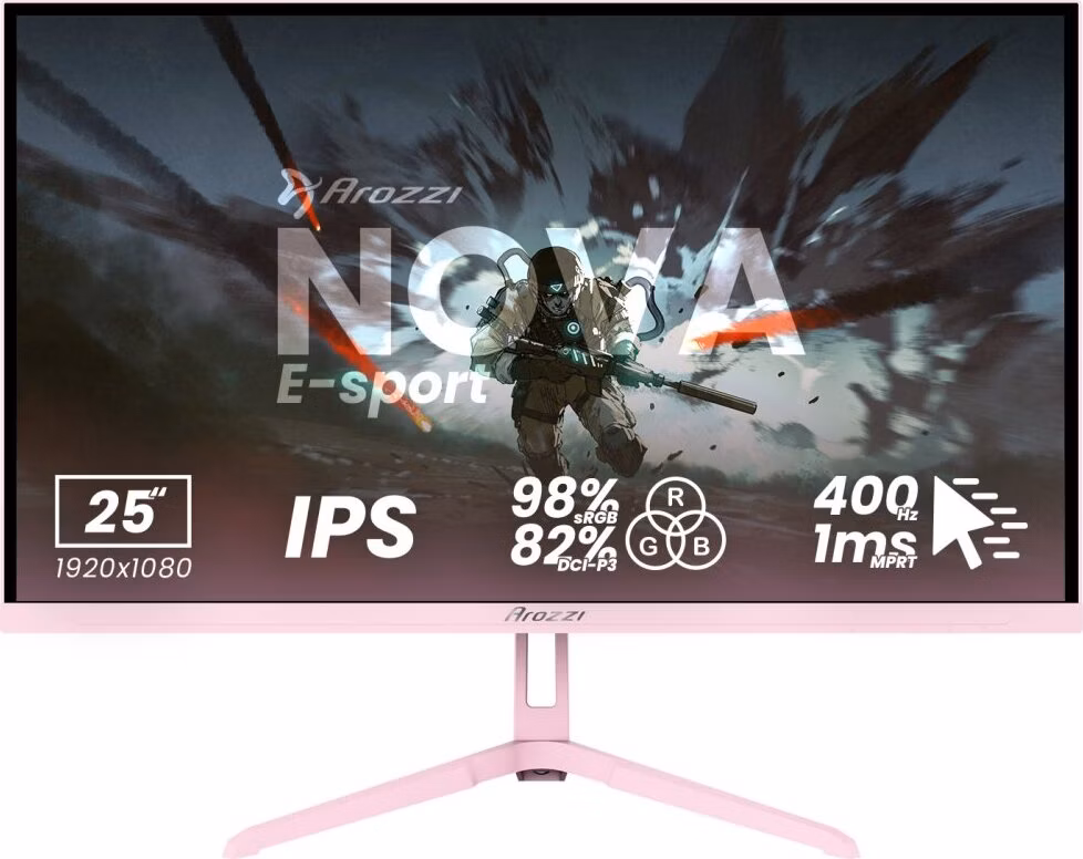 AROZZI NOVA herní monitor 24,5" 25T1K400 Pink/ LED/ IPS/ 1920x1080/ 400Hz/ 1000:1/ 1ms/ 2xHDMI/ 2xDP/ růžový