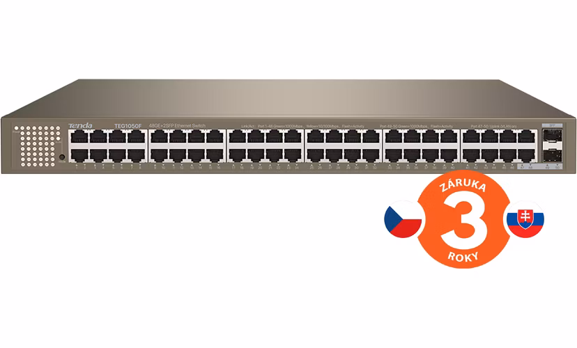 Tenda TEG1050F 48x Gigabit so SFP, 48x RJ45 + 2x SFP, Fanless - bez ventilátorov, Rackmount, VLAN, 6kV