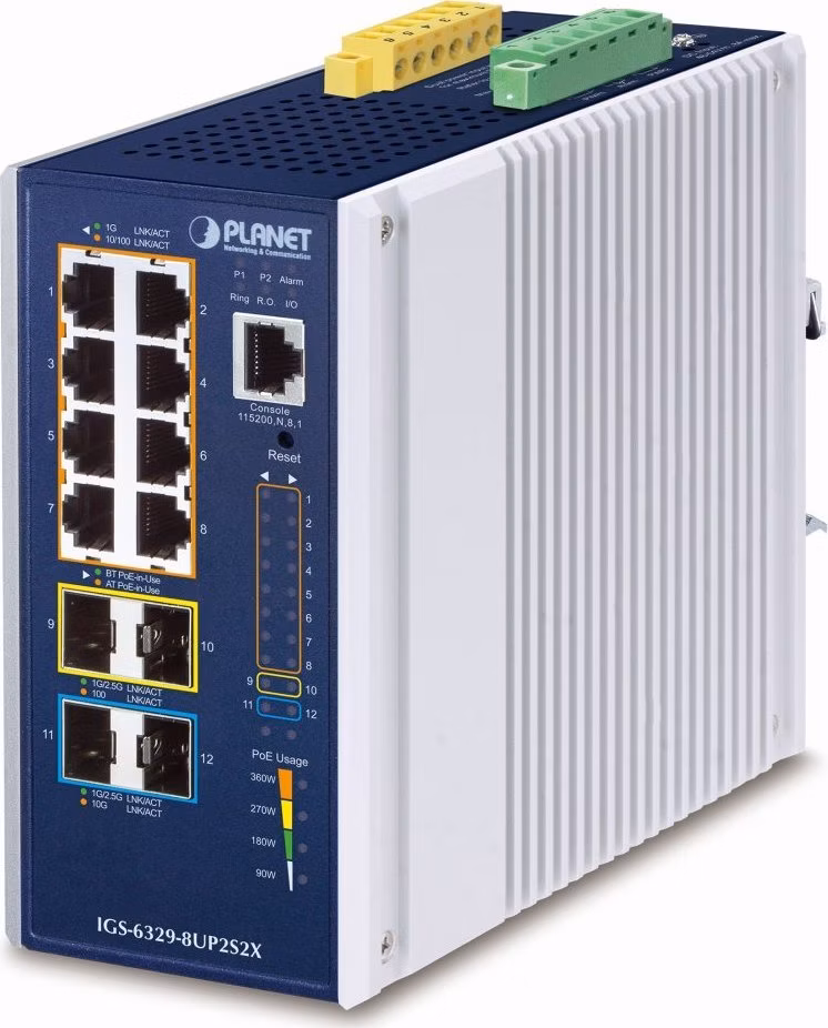 Planet IGS-6329-8UP2S4X průmyslový L3 switch, 8x1Gb, 2x2.5Gb SFP, 2x10Gb SFP+, PoE 802.3bt 360W, 48-54VDC, -40~75°C