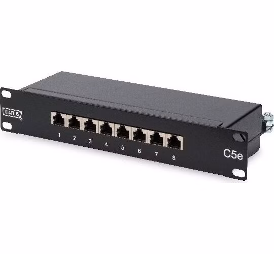 Digitus CAT 5e, patch panel třídy D, stíněný, 8 portů RJ45 8P8C, LSA, 1U, 254 mm (10 "), montáž do stojanu, bl RAL 9005
