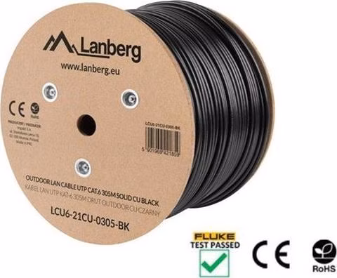LANBERG LAN KABEL CAT.6 UTP 305M PEVNÝ VENKOVNÍ CU ČERNÝ FLUKE PASS