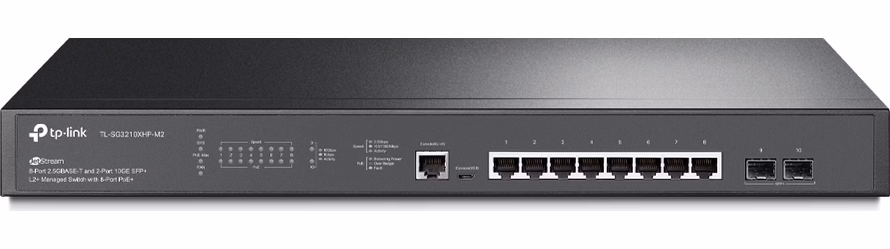 Omada 8-Port PoE+ 2.5GBASE-T L2+ Managed Switch with 2 10GE SFP+ Slots PORT: 8× 2.5G PoE+ Ports, 2× 10G SFP+ Slots, RJ45