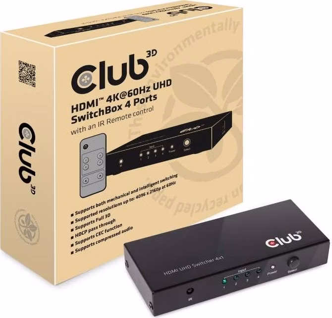 Club3D Video prepínač 4:1 HDMI 2.0 4K60Hz UHD, 4 porty