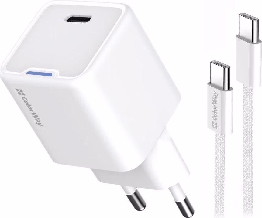 COLORWAY 1x USB-C/ síťová nabíječka/ GaN/ PD/ PPS/ 35W/ Včetně 100cm kabelu/ Bílá