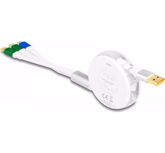 Delock Zatažitelný nabíjecí USB kabel 3 v 1 z Typu-A na Micro USB / 2 x USB Type-C™ s rychlým nabíjením, bílý