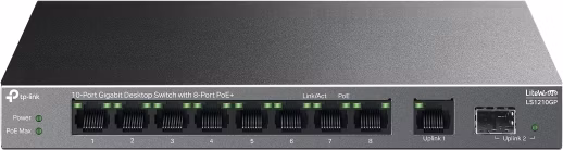 10-Port Gigabit Desktop Switch with 8-Port PoE+ PORT: 8× Gigabit PoE+ Ports, 1x Gigabit Non-PoE Port, 1× Gigabit SFP Slo