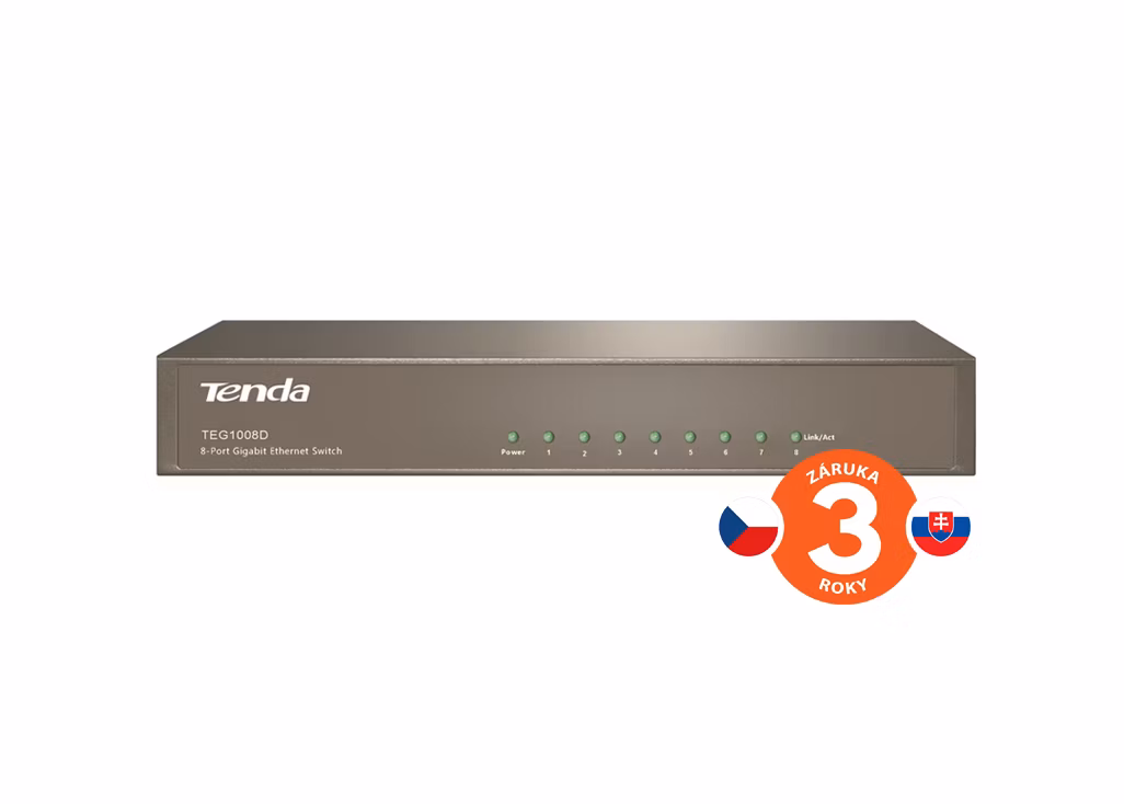 Tenda TEG1008D 8-port Gigabit Switch, 8x 10/100/1000 Mb/s, Fanless-bez ventilátorov, Kov, 9K Jumbo