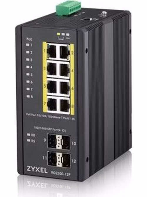 Zyxel RGS200-12P, 12-port Gigabit WebManaged switch: 8x GbE + 4x SFP, PoE (802.3at, 30W), Power budget 240W, DIN rail/Wa