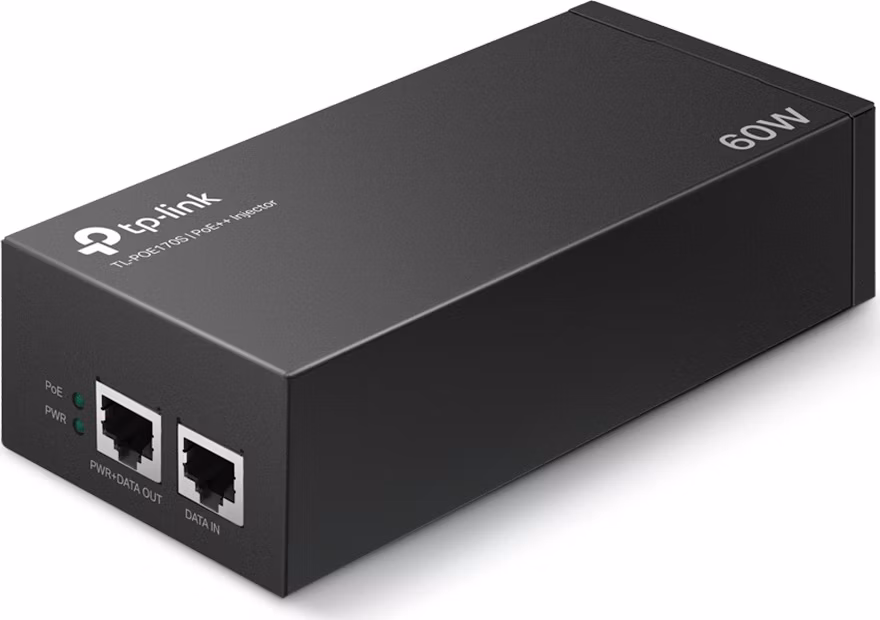 Omada PoE++ Injector Adapter PORT: 1× Gigabit PoE Port, 1× Gigabit Non-PoE Port SPEC: 802.3bt/at/af Compliant, 60 W PoE