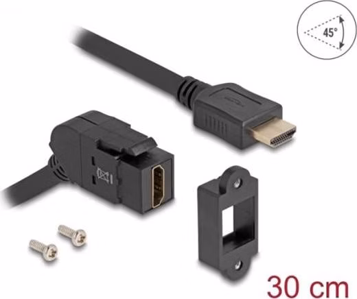 Delock Montáž na panel, HDMI, z úhlové zásuvky (45°) na zástrčku HDMI, s kabelem délky 30 cm, 8K 60 Hz, černá