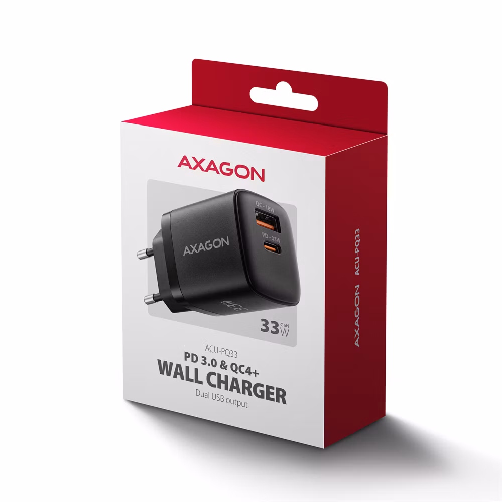 AXAGON ACU-PQ33, GaN nabíjačka do siete 33W, USB-A+USB-C, PD3.0/PPS/QC4+/SFC2.0/Apple, čierna