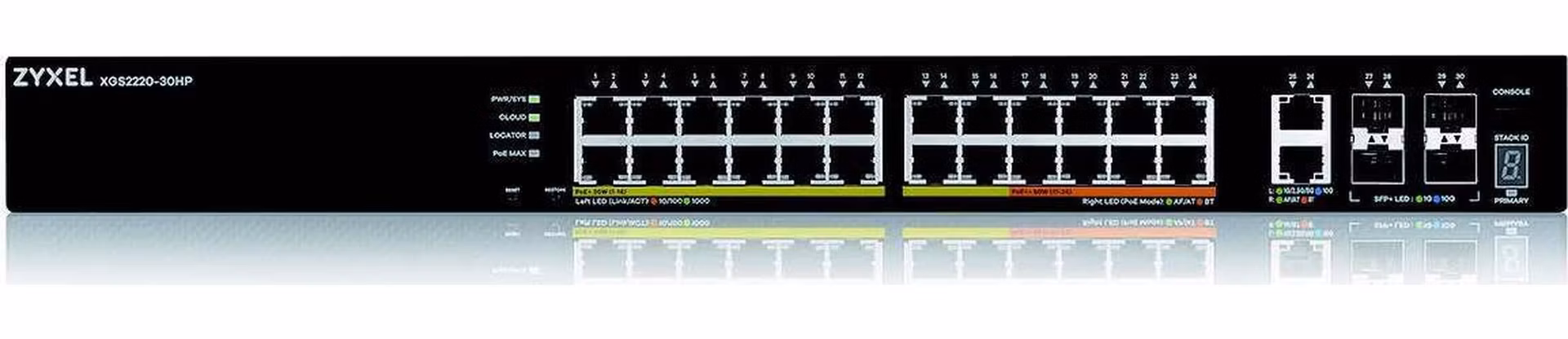 Zyxel XGS2220-30HP, L3 Access Switch, 400W PoE, 16xPoE+/10xPoE++, 24x1G RJ45 2x10mG RJ45, 4x10G SFP+ Uplink, incl. 1 yr